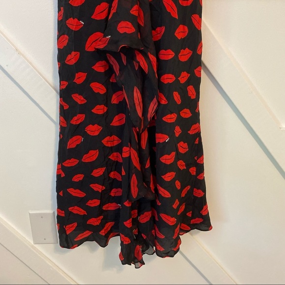 Rixo Rose Lip Print V-Neck Long Sleeve Open Back Ruffle Front Silk Midi Dress L - Picture 5 of 13